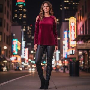 Ralph Lauren Sexy Deep Red Berry Burgundy Velvet Cold Shoulder Top